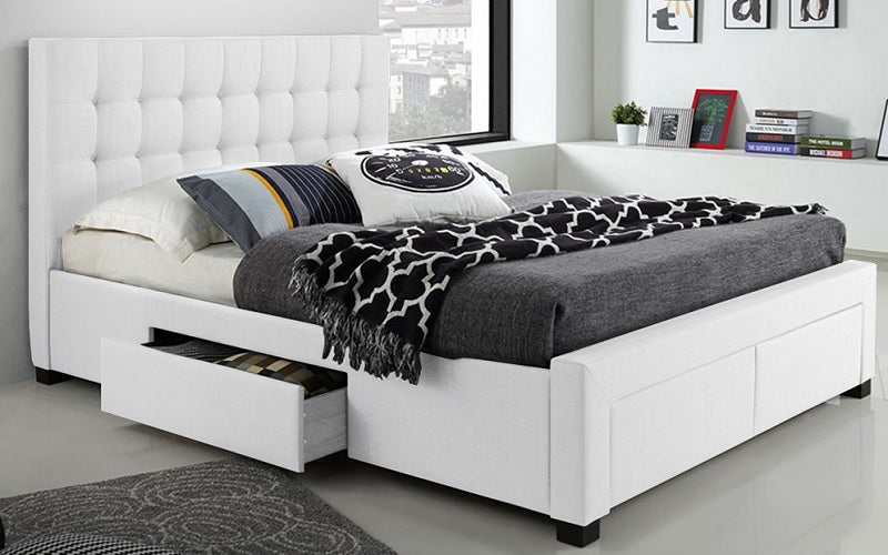 Platform Bed with Button-Tufted Fabric and 4 Drawers - White