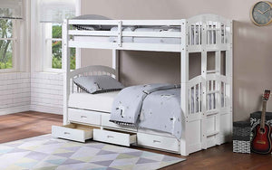 Bunk Bed - Twin over Twin with Trundle and Drawers Solid Wood - White