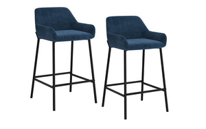 Bar Stool With Velvet Fabric Back & Metal Legs - Blue - Set of 2 pc (26'' Counter Height)