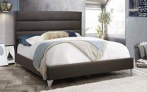 Platform Bed with Leather and Chrome Legs - Dark Grey
