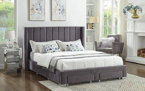 Platform Bed with Button-Tufted Fabric and 4 Drawers - Grey