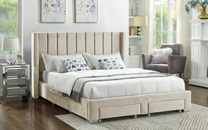 Platform Bed with Button-Tufted Velvet Fabric and 4 Drawers - Cream