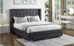 Platform Bed with Button-Tufted Fabric Wing and 4 Drawers - Charcoal Grey