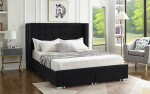 Platform Bed with Button-Tufted Velvet Fabric Wing and 4 Drawers - Black
