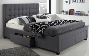 Platform Bed with Button-Tufted Fabric and 4 Drawers - Charcoal Grey