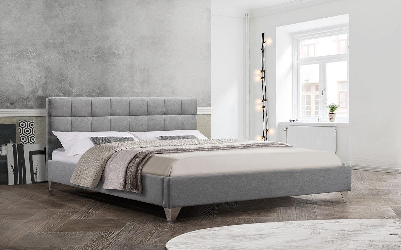 Platform Bed with Square Tufted Fabric and Chrome Legs - Grey