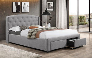 Platform Bed with Button-Tufted Fabric and 2 Pullout Drawers - Grey