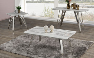 Coffee Table Set with Marble Top - 3 pc - White & Chrome