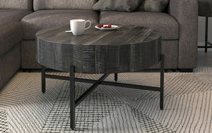 Coffee Table with Round Solid Wood & Iron Legs - Grey & Black