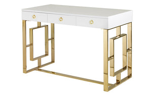 High Gloss Lacquer Top Home Office Desk with Drawers - White & Chrome | White & Gold