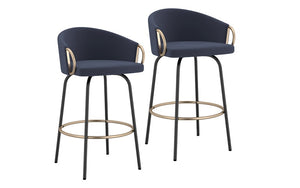 Bar Stool With Velvet Fabric & Gold Accent Footrest & Arm - Blue - Set of 2 pc (26'' Counter Height)