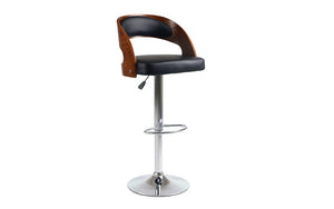 Bar Stool With Bent Wood Back & 360° Swivel Leather Seat - Black