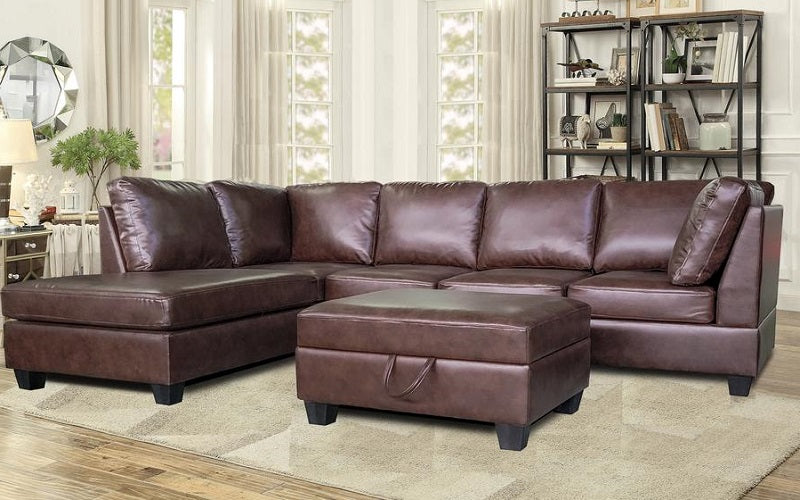 Air Leather Sectional Set with Reversible Chaise and Ottoman - Brown