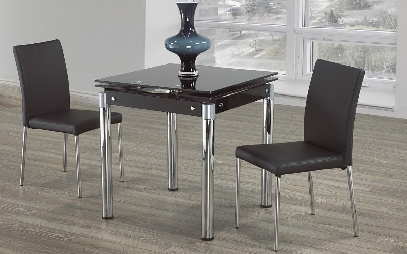 Kitchen Set with Glass Top with Extendable Leafs - 3 pc - Chrome | Black