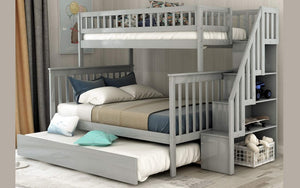 Bunk Bed - Twin over Double with Trundle, Storage, Staircase Solid Wood - Grey