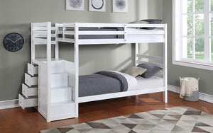 Bunk Bed - Twin over Twin with Left-Hand Staircase & Drawers Solid Wood - White