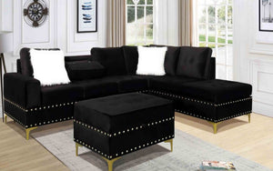 Velvet Fabric Sectional Set with Reversible Chaise and Ottoman - Blue | Grey | Black