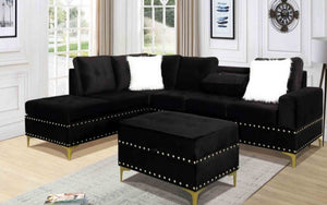 Velvet Fabric Sectional Set with Reversible Chaise and Ottoman - Blue | Grey | Black