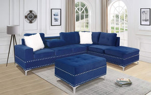 Velvet Fabric Sectional Set with Reversible Chaise and Ottoman - Blue | Grey | Black