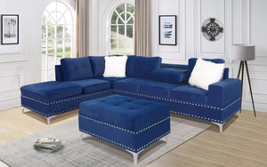 Velvet Fabric Sectional Set with Reversible Chaise and Ottoman - Blue | Grey | Black