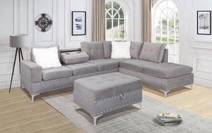 Velvet Fabric Sectional Set with Reversible Chaise and Ottoman - Blue | Grey | Black