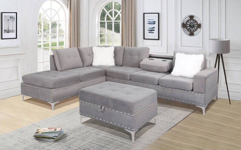 Velvet Fabric Sectional Set with Reversible Chaise and Ottoman - Blue | Grey | Black