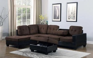 Velvet Fabric Sectional Set with Reversible Chaise and Ottoman - Brown & Black
