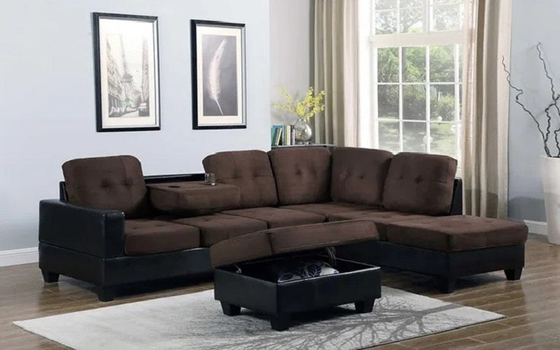 Velvet Fabric Sectional Set with Reversible Chaise and Ottoman - Brown & Black