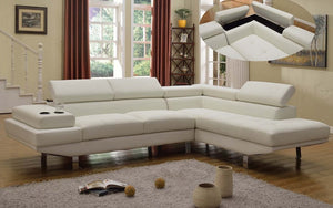 Air Leather Sectional with Adjustable Headrest and Chaise - White