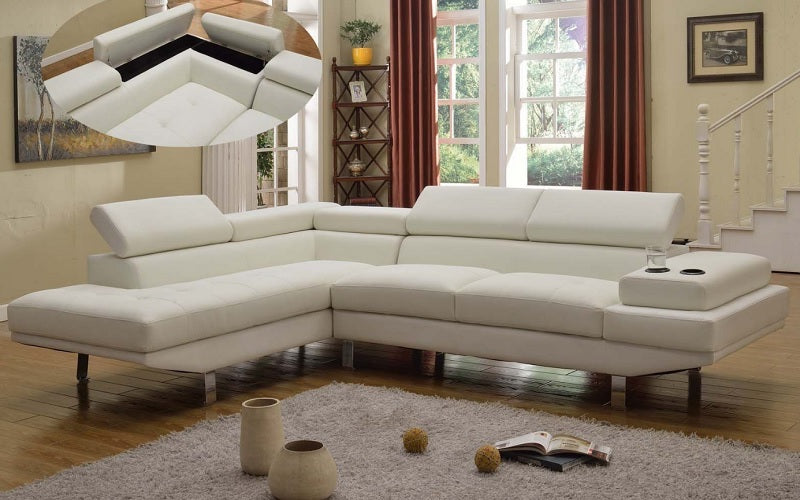 Air Leather Sectional with Adjustable Headrest and Chaise - White