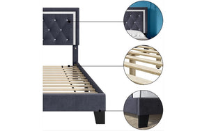 Platform Bed Velvet Fabric with Adjustable Headboard - Black | Blue