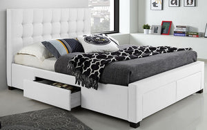 Platform Bed with Button-Tufted Fabric and 4 Drawers - White
