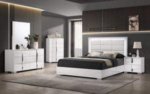 Bedroom Set with LED Light Accents High Gloss Head Board 8 pc - White