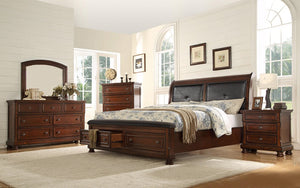 Bedroom Set with Leather Headboard & 2 Footboard Drawers 8 pc - Dark Cherry
