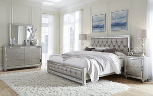 Bedroom Set with Mirror Accent Button Tufted Head & Foot Board 8 pc - Silver