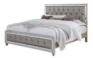 Bedroom Set with Mirror Accent Button Tufted Head & Foot Board 8 pc - Silver