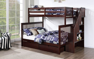 Bunk Bed - Twin over Double with Staircase, Trundle or 2 Drawers Solid Wood - Espresso