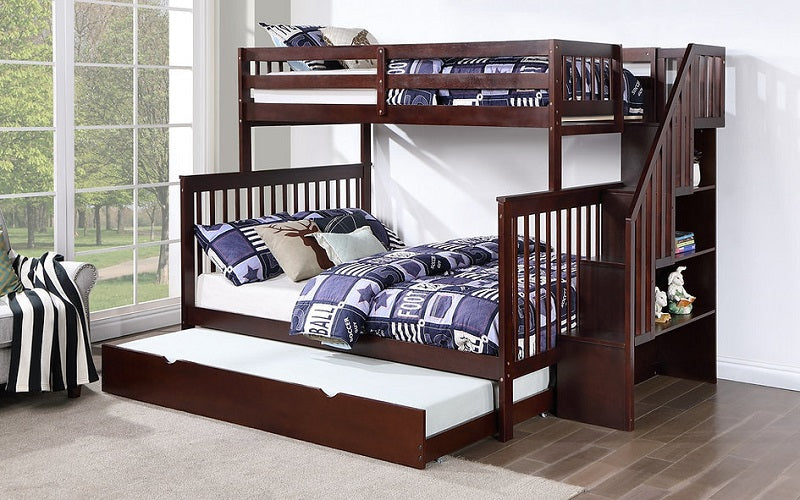 Bunk Bed - Twin over Double with Staircase, Trundle or 2 Drawers Solid Wood - Espresso