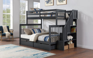 Bunk Bed - Twin over Double with Staircase, Trundle or 2 Drawers Solid Wood - Grey