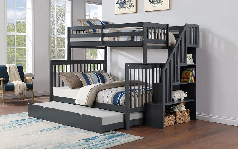 Bunk Bed - Twin over Double with Staircase, Trundle or 2 Drawers Solid Wood - Grey