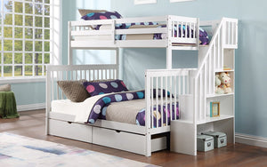 Bunk Bed - Twin over Double with Staircase, Trundle or 2 Drawers Solid Wood - White