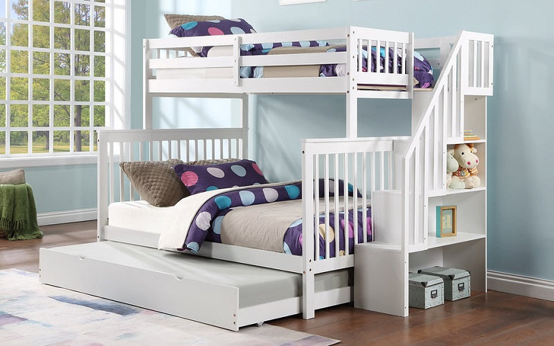 Bunk Bed - Twin over Double with Staircase, Trundle or 2 Drawers Solid Wood - White