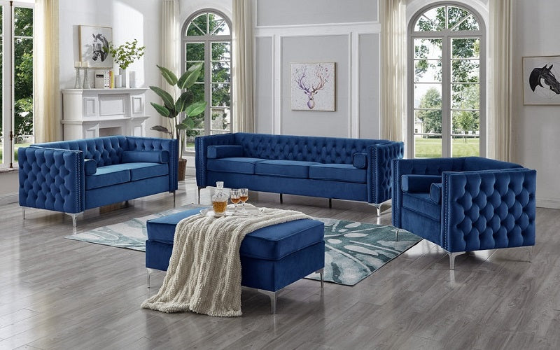 Blue tufted sofa set hotsell