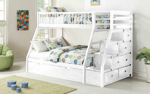 Bunk Bed - Twin over Double with Trundle, Drawers, Staircase Solid Wood - White