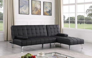 Leather Sectional Sofa Bed with Reversible Chaise - Black