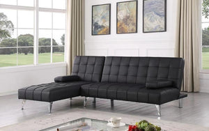 Leather Sectional Sofa Bed with Reversible Chaise - Black