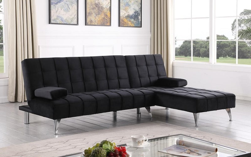 Velvet Fabric Sectional Sofa Bed with Reversible Chaise - Black