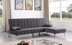 Velvet Fabric Sectional Sofa Bed with Reversible Chaise - Grey