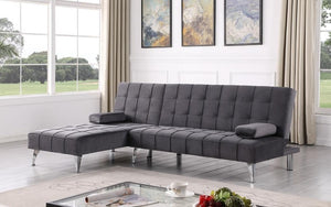 Velvet Fabric Sectional Sofa Bed with Reversible Chaise - Grey