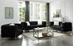 Sofa Set with Posh Velvet Fabric- 3 Piece - Black